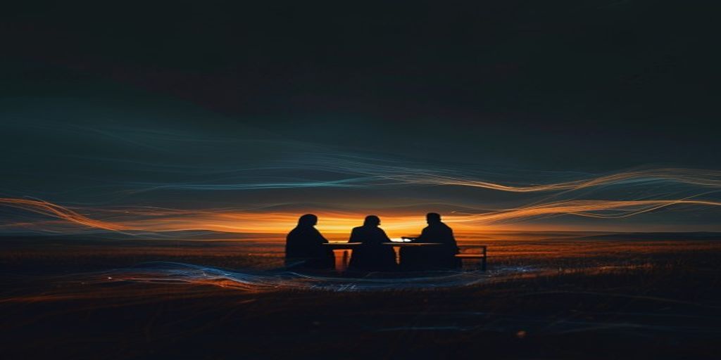 Two friends talking at dusk, their conversation becoming streams of data